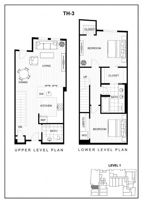 Floor plan for 2 beds, 2.5 baths, 1175 sqft